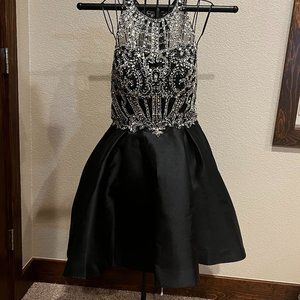Formal Black Satin Mini Dress with Sequin Embellishments by Blush from PromGirl